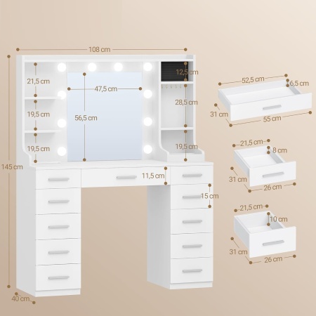 Masuta machiaj cu Oglinda LED si 11 Sertare pentru Cosmetice, Set Masa toaleta 108 cm, Alb, masuta cosmetica, vanity - SEA9 - Img 6