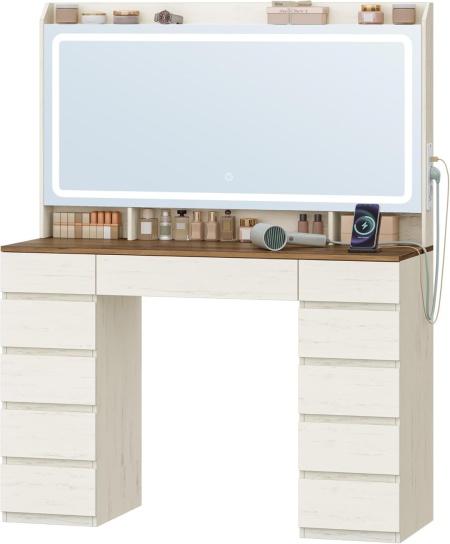 Masuta machiaj cu Oglinda LED si 11 Sertare pentru Cosmetice, Set Masa toaleta 108 cm, Alb, masuta cosmetica, vanity cu Priza si USB - SEA12 - Img 3