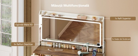 Masuta machiaj cu Oglinda LED si 11 Sertare pentru Cosmetice, Set Masa toaleta 108 cm, Alb, masuta cosmetica, vanity cu Priza si USB - SEA12 - Img 12