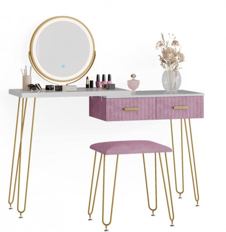 Masuta machiaj cu Oglinda LED si 2 Sertare pentru Cosmetice, Set Masa toaleta 120 cm, Alb, masuta cosmetica, vanity - SEA394 - Img 2