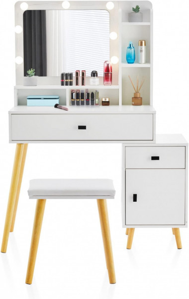 Masuta machiaj cu Oglinda LED si 2 Sertare pentru Cosmetice, Set Masa toaleta 80 cm, Alb, masuta cosmetica, vanity - SEA426 - Img 3