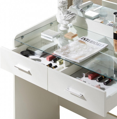 Masuta machiaj cu Oglinda LED si 2 Sertare pentru Cosmetice, Set Masa toaleta 80 cm, Alb, masuta cosmetica, vanity - SEA905 - Img 3