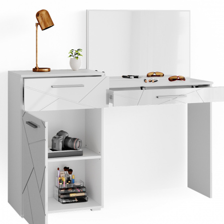 Masuta machiaj cu Oglinda LED si 2 Sertare pentru Cosmetice, Set Masa toaleta 135 cm, Alb Lucios, masuta cosmetica, vanity - SEA481 - Img 6