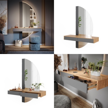 Masuta machiaj cu Oglinda LED si 2 Sertare pentru Cosmetice, Set Masa toaleta 120 cm, Gri, masuta vanity cu Riflaj, cosmetica- SEM243 - Img 3