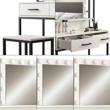 Masuta machiaj cu Oglinda LED si 2 Sertare pentru Cosmetice, Set Masa toaleta 90 cm, Alb, masuta cosmetica, vanity - SEA807 - Img 6