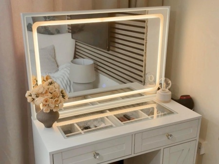 Masuta machiaj cu Oglinda LED si 2 Sertare pentru Cosmetice, Set Masa toaleta 90 cm, Alb, masuta cosmetica, vanity - SEA498 - Img 2