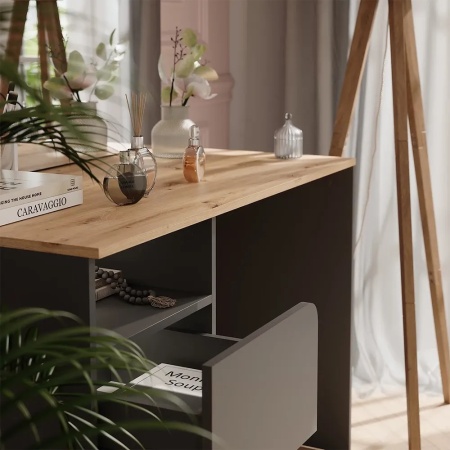 Masuta machiaj cu Oglinda LED si 2 Sertare pentru Cosmetice, Set Masa toaleta 110 cm, Gri, masuta cosmetica, vanity - SEG18 - Img 5