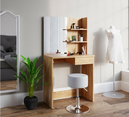 Masuta machiaj cu Oglinda LED si 2 Sertare pentru Cosmetice, Set Masa toaleta 75 cm, Maro, masuta cosmetica, vanity - SEM217 - Img 2