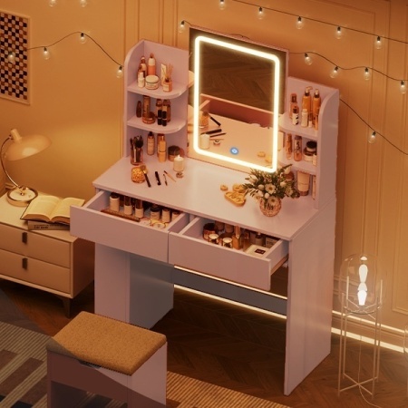 Masuta machiaj cu Oglinda LED si 2 Sertare pentru Cosmetice, Set Masa toaleta 90 cm, Alb / Negru / Roz, masuta cosmetica, vanity - SER203 - Img 10