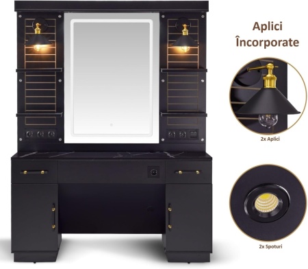 Masuta machiaj cu Oglinda LED si 2 Sertare pentru Cosmetice, Set Masa toaleta 150 cm, Negru / Maro, masuta cosmetica, vanity - SEN259 - Img 12
