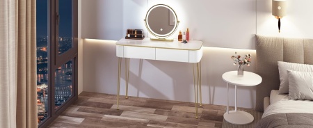 Masuta machiaj cu Oglinda LED si 2 Sertare pentru Cosmetice, Set Masa toaleta 100 cm, Alb, masuta cosmetica, vanity - SEA471 - Img 3