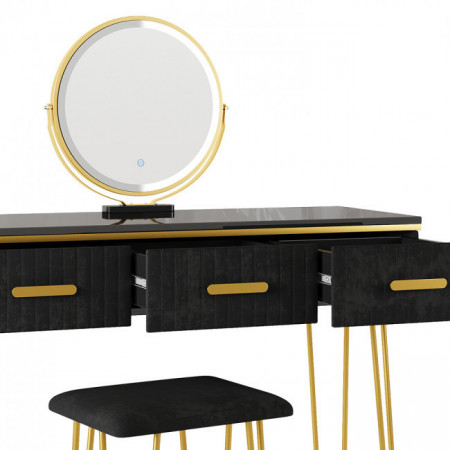 Masuta machiaj cu Oglinda LED si 3 Sertare pentru Cosmetice, Set Masa toaleta 100 cm, Negru, masuta cosmetica, vanity - SEN240 - Img 3