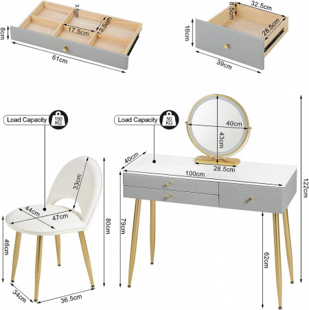 Masuta machiaj cu Oglinda LED si 3 Sertare pentru Cosmetice, Set Masa toaleta 100 cm, Alb, masuta cosmetica, vanity - SEG212 - Img 5