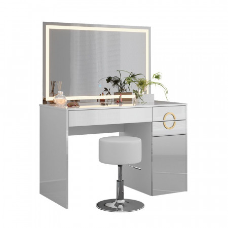 Masuta machiaj cu Oglinda LED si 3 Sertare pentru Cosmetice, Set Masa toaleta 115 cm, Alb Lucios, masuta cosmetica, vanity - SEA442 - Img 2