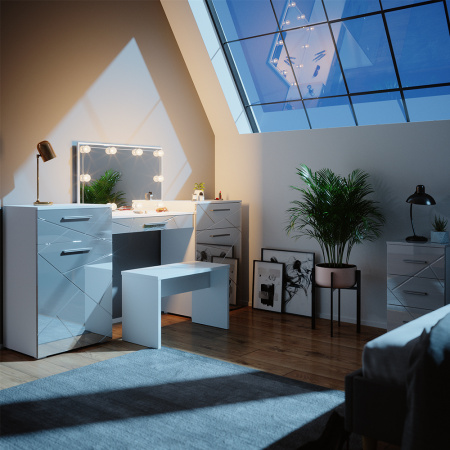 Masuta machiaj cu Oglinda LED si 3 Sertare pentru Cosmetice, Set Masa toaleta 190 cm, Alb Lucios, masuta cosmetica, vanity - SEA480 - Img 4