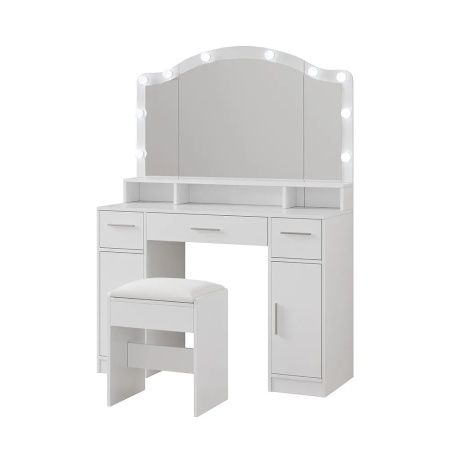 Masuta machiaj cu Oglinda LED si 3 Sertare pentru Cosmetice, Set Masa toaleta 110 cm, Alb, masuta cosmetica, vanity - SEA809 - Img 2