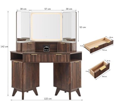 Masuta machiaj cu Oglinda LED si 3 Sertare pentru Cosmetice, Set Masa toaleta 122 cm, Maro, masuta cosmetica, vanity - SEM22 - Img 4