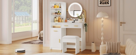 Masuta machiaj cu Oglinda LED si 3 Sertare pentru Cosmetice, Set Masa toaleta 80 cm, Alb, masuta cosmetica, vanity - SEA825 - Img 7