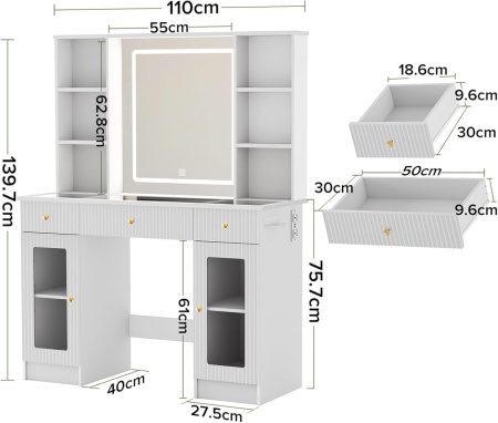 Masuta machiaj cu Oglinda LED si 3 Sertare pentru Cosmetice, Set Masa toaleta 110 cm, Alb, masuta cosmetica, vanity - SEA836 - Img 6