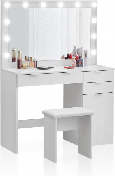 Masuta machiaj cu Oglinda LED si 4 Sertare pentru Cosmetice, Set Masa toaleta 105 cm, Alb, masuta cosmetica, vanity - SEA428 - Img 3