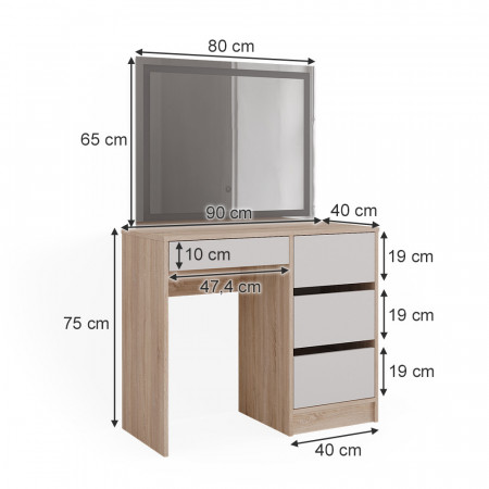 Masuta machiaj cu Oglinda LED si 4 Sertare pentru Cosmetice, Set Masa toaleta 90 cm, Alb, masuta cosmetica, vanity - SEM241 - Img 2