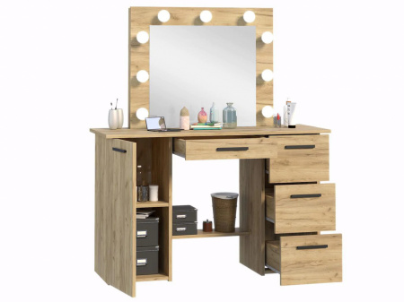 Masuta machiaj cu Oglinda LED si 4 Sertare pentru Cosmetice, Set Masa toaleta 120 cm, Stejar, masuta cosmetica, vanity - SEM516 - Img 4