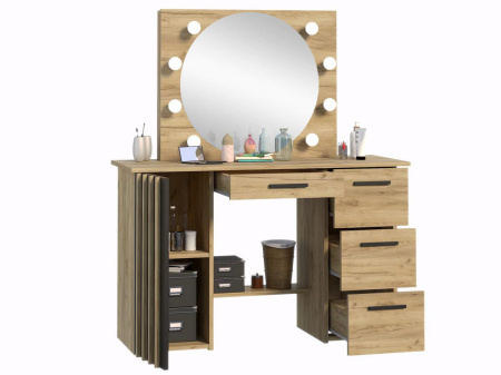 Masuta machiaj cu Oglinda LED si 4 Sertare pentru Cosmetice, Set Masa toaleta 120 cm, Stejar, masuta cosmetica, vanity - SEM518 - Img 5