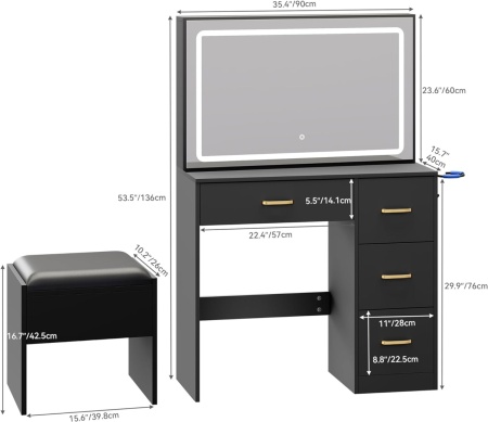 Masuta machiaj cu Oglinda LED si 4 Sertare pentru Cosmetice, Set Masa toaleta 90 cm, masuta cosmetica, vanity - SEN255 - Img 4