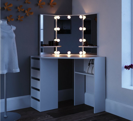 Masuta machiaj cu Oglinda LED si 5 Sertare pentru Cosmetice, Alb, masuta cosmetica, vanity - SEA255 - Img 3