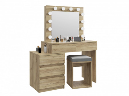 Masuta machiaj cu Oglinda LED si 5 Sertare pentru Cosmetice, Set Masa toaleta 112 cm, Stejar, masuta cosmetica, vanity - SEM510 - Img 6