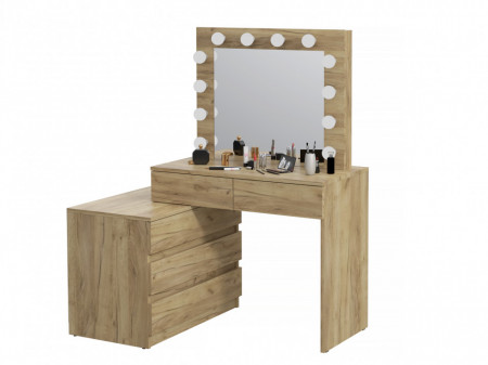 Masuta machiaj cu Oglinda LED si 5 Sertare pentru Cosmetice, Set Masa toaleta 130 cm, Stejar, masuta cosmetica, vanity - SEM512 - Img 3