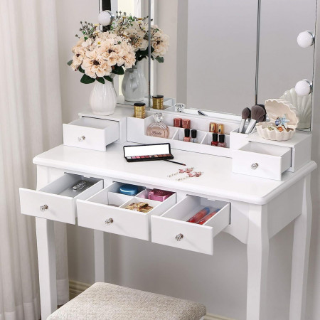 Masuta machiaj cu Oglinda LED si 5 Sertare pentru Cosmetice, Set Masa toaleta 80 cm, Alb, masuta cosmetica, vanity - SEA92 - Img 5