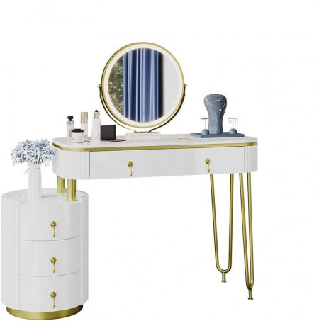 Masuta machiaj cu Oglinda LED si 5 Sertare pentru Cosmetice, Set Masa toaleta 100 cm, Alb, masuta cosmetica, vanity - SEA422 - Img 2
