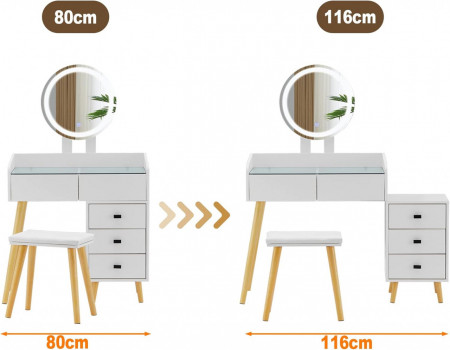 Masuta machiaj cu Oglinda LED si 5 Sertare pentru Cosmetice, Set Masa toaleta 116 cm, Alb, masuta cosmetica, vanity - SEA419 - Img 8