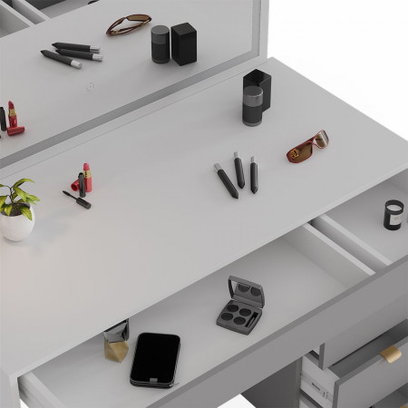 Masuta machiaj cu Oglinda LED si 5 Sertare pentru Cosmetice, Set Masa toaleta 115 cm, Alb, masuta cosmetica, vanity - SEA447 - Img 2