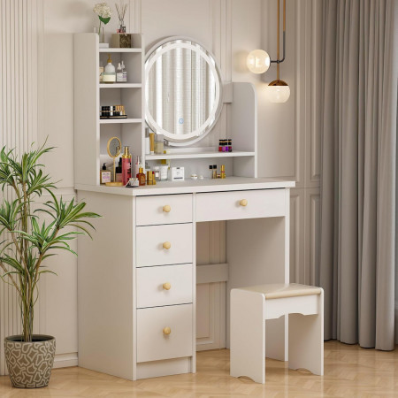 Masuta machiaj cu Oglinda LED si 5 Sertare pentru Cosmetice, Set Masa toaleta 80 cm, Alb, masuta cosmetica, vanity - SEA452 - Img 2