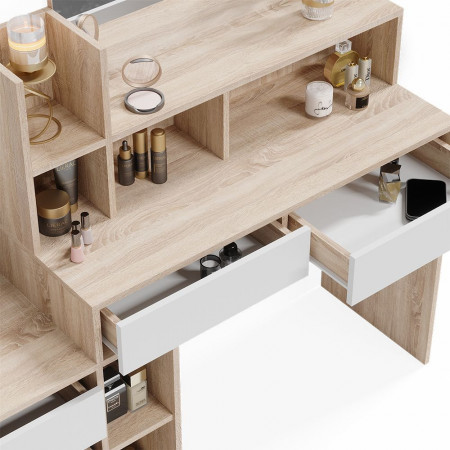 Masuta machiaj cu Oglinda LED si 5 Sertare pentru Cosmetice, Set Masa toaleta 140 cm, Alb, masuta cosmetica, vanity - SEM237 - Img 5