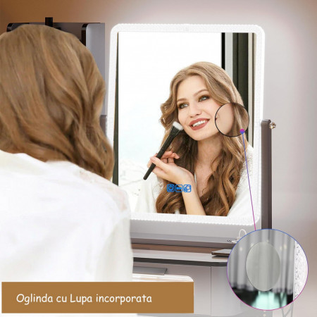 Masuta machiaj cu Oglinda LED si 5 Sertare pentru Cosmetice, Set Masa toaleta 80 cm, Negru, masuta cosmetica, vanity - SEG218 - Img 6