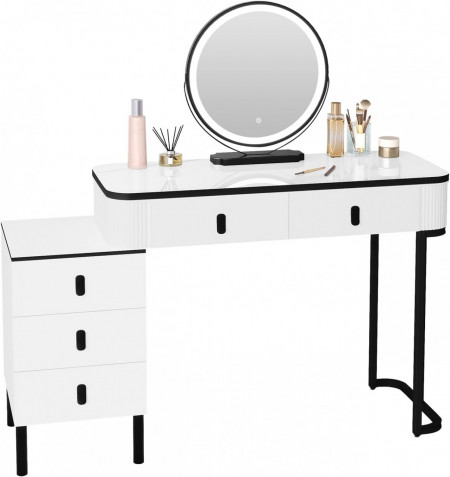 Masuta machiaj cu Oglinda LED si 5 Sertare pentru Cosmetice, Set Masa toaleta 100 cm, Alb, masuta cosmetica, vanity - SEA470 - Img 5