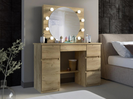 Masuta machiaj cu Oglinda LED si 5 Sertare pentru Cosmetice, Set Masa toaleta 120 cm, Stejar, masuta cosmetica, vanity - SEM520 - Img 6