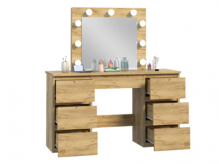 Masuta machiaj cu Oglinda LED si 5 Sertare pentru Cosmetice, Set Masa toaleta 120 cm, Stejar, masuta cosmetica, vanity - SEM534 - Img 3