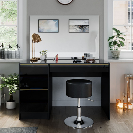 Masuta machiaj cu Oglinda LED si 5 Sertare pentru Cosmetice, Set Masa toaleta 120 cm, Negru, masuta cosmetica, vanity - SEN253 - Img 3