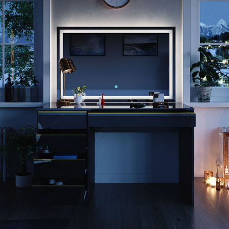 Masuta machiaj cu Oglinda LED si 5 Sertare pentru Cosmetice, Set Masa toaleta 120 cm, Negru, masuta cosmetica, vanity - SEN254 - Img 5