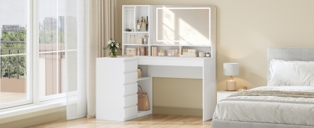 Masuta machiaj cu Oglinda LED si 5 Sertare pentru Cosmetice, Set Masa toaleta 120 cm, Alb, masuta cosmetica, vanity - SEA32 - Img 10