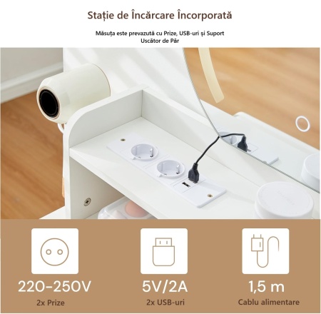 Masuta machiaj cu Oglinda LED si 5 Sertare pentru Cosmetice, Set Masa toaleta 105 - 130 cm, Alb, masuta cosmetica cu Prize si USB, Suport Uscator de Par - SEA25 - Img 6