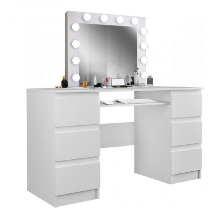 Masuta machiaj cu Oglinda LED si 6 Sertare pentru Cosmetice, Set Masa toaleta 130 cm, Alb Lucios, masuta cosmetica, vanity - SEA540 - Img 5