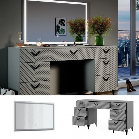 Masuta machiaj cu Oglinda LED si 7 Sertare pentru Cosmetice, Set Masa toaleta 150 cm, Gri, masuta cosmetica, vanity - SEG214 - Img 5