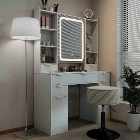 Masuta machiaj cu Oglinda LED si 7 Sertare pentru Cosmetice, Set Masa toaleta 105 cm, Alb, masuta cosmetica, vanity - SEA810 - Img 5