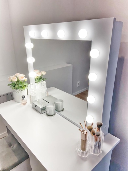 Masuta machiaj cu Oglinda LED si 7 Sertare pentru Cosmetice, Set Masa toaleta 120 cm, Alb, masuta cosmetica, vanity - SEA516 - Img 9