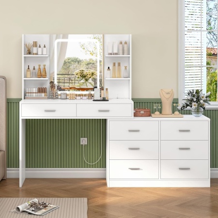 Masuta machiaj cu Oglinda LED si 8 Sertare pentru Cosmetice, Set Masa toaleta 167 cm, Alb, masuta cosmetica, vanity - SEA819 - Img 11